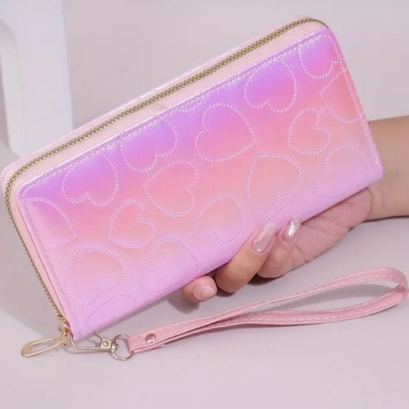 Pink Iridescent Heart Pattern Large Wallet/Wristlet - Picture 1 of 5